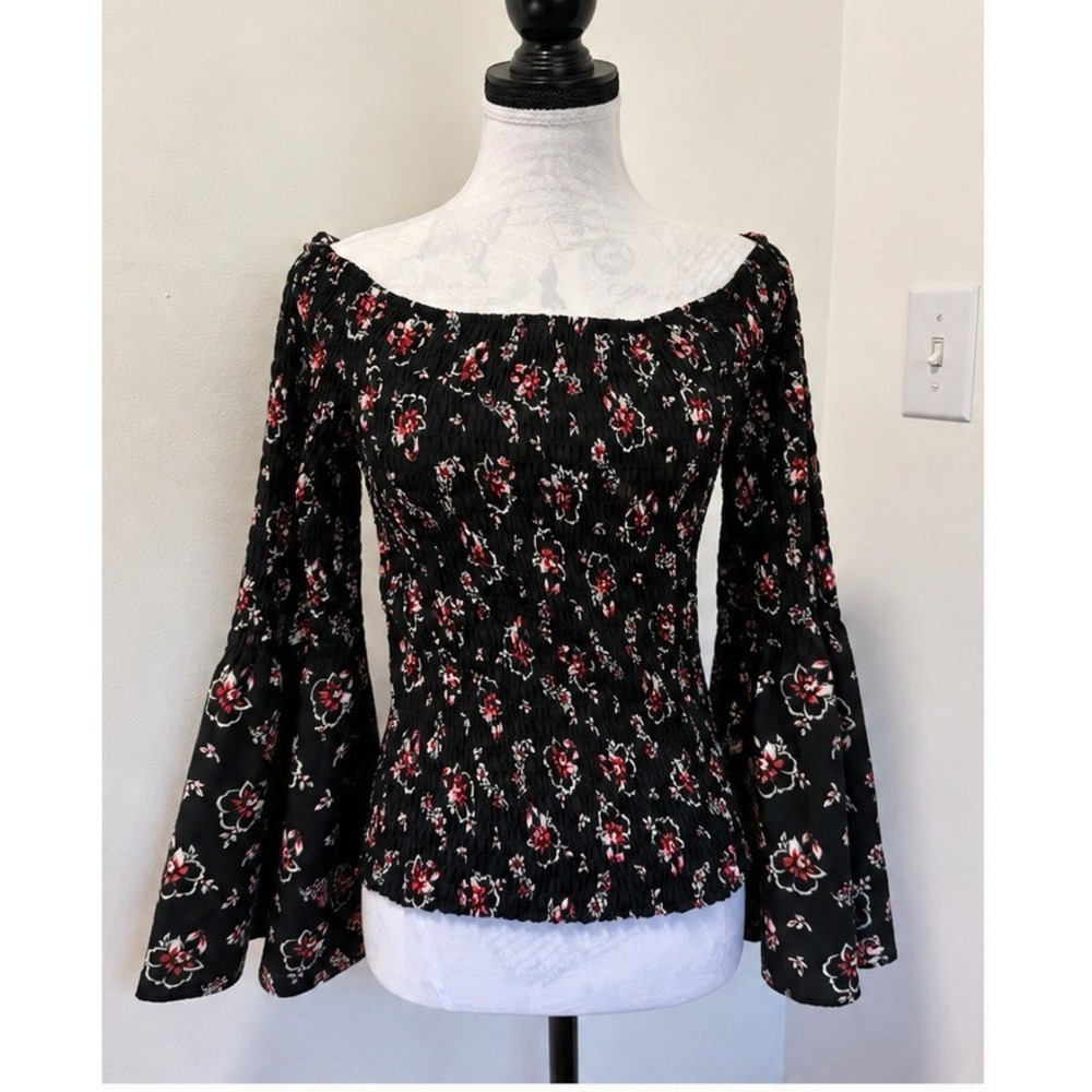 Express Floral Smocked Top Women Medium Boho Bell Sleeve Off Shoulder Blouse